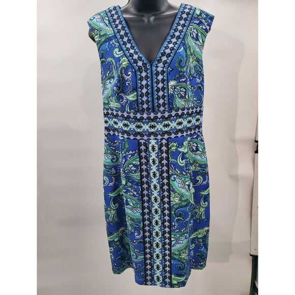 London Times Women's Dress Size 12 Blue Green Black White Sleeveless Tank V-Neck - Picture 2 of 10